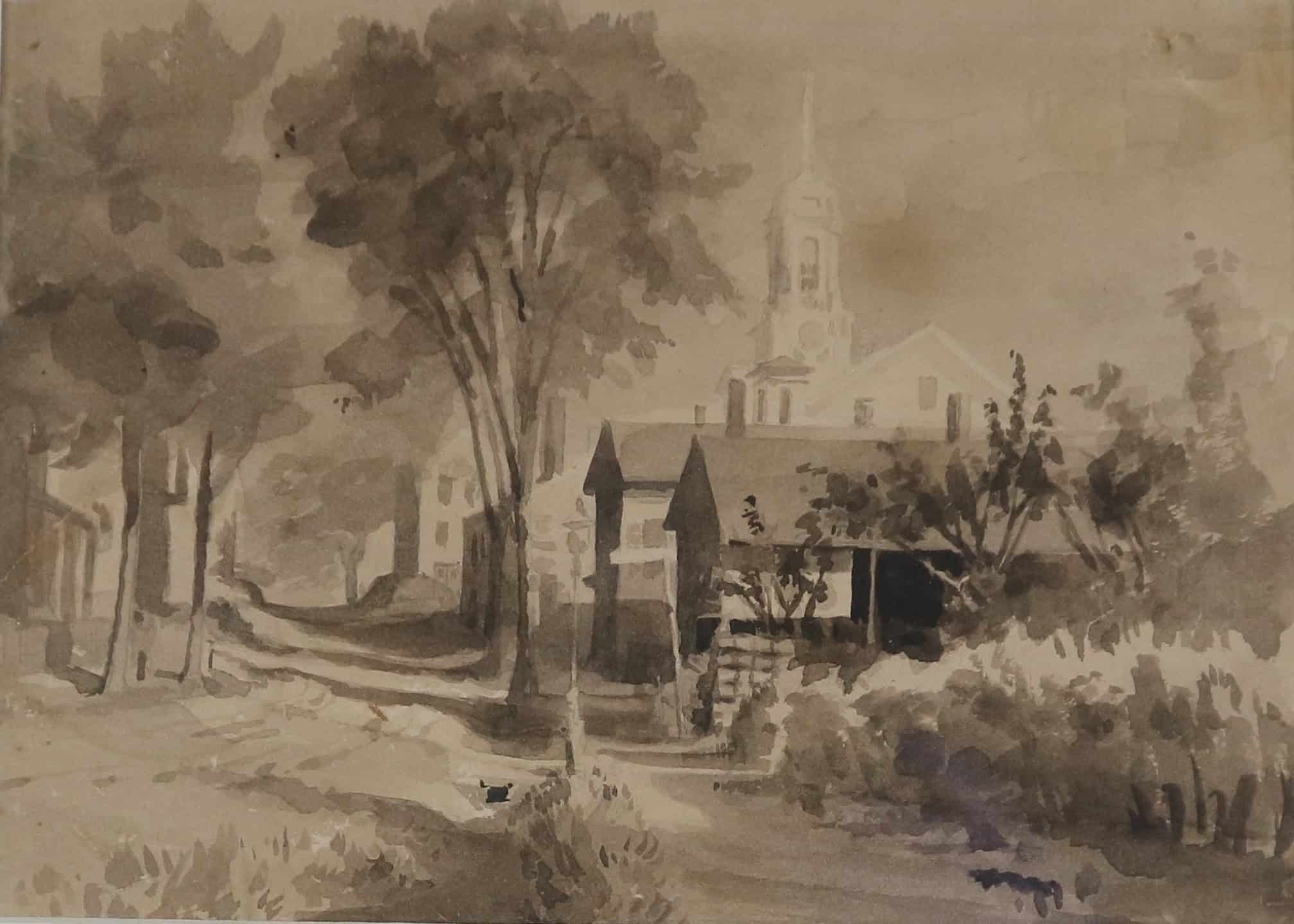 A landscape scene painted by Charles C Burleigh. The colors are grayish brown. Houses can be seen lining the dirt road, and peaking behind is a tall white church.
