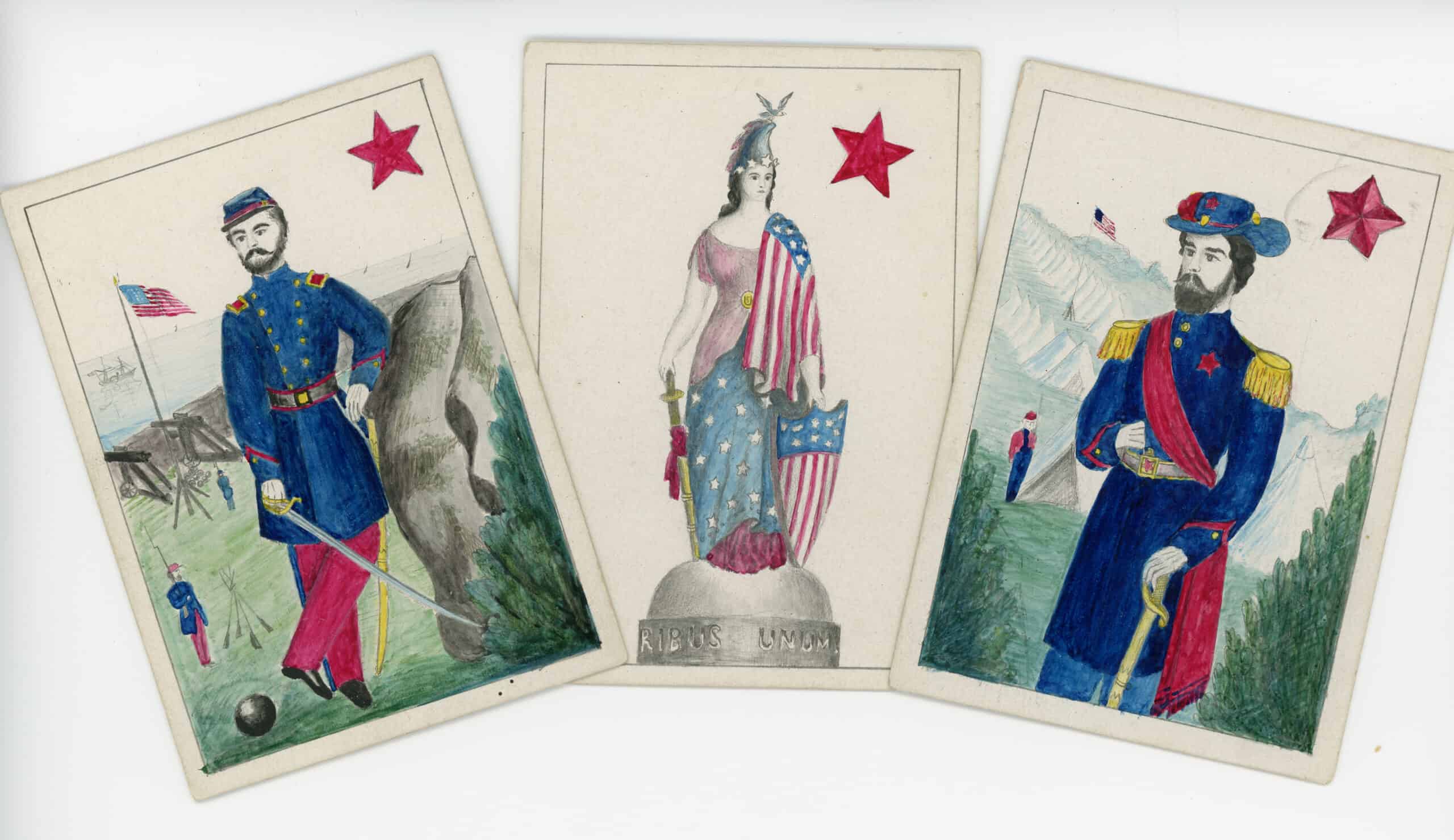 Image of three Civil War themed playing cards. 

The first card (left most) depicts a union soldier leaning against a boulder with his legs crossed. He wears a Union uniform - a blue coat with yellow buttons, red pants with a blue stripe running down the side, and a blue cap on his head. One hand is rested on the boulder and the other is holding a long sword.. In the background is a military camp with a long flagpole flying the American flag. Two other soldiers can be seen standing at attention in the distance. The ocean with a ship is in the distance. On the top right of the card is a red star.

The second card depicts Lady Liberty with an American flag draped around her shoulder and a shield with an American flag design in her hand. Her other hand holds a long sword. She is standing on a gray platform. Her dress is layered with the top being red, the skirt being blue with stars, and the very bottom being a dark purplish-red. On the upper right of the card is a red star.

The last card depicts a soldier with a full beard in a Union uniform - a dark blue coat with a red sash draped over him. Yellow tassles on his shoulders. A hat with red feathers on the side. One hand is reaching inside of his coat and the other is holding onto a long sword. In the background are mountains and an American flag on a tall flag pole. One other soldier figure can be seen in the distance. On the right side of the card is a red star.