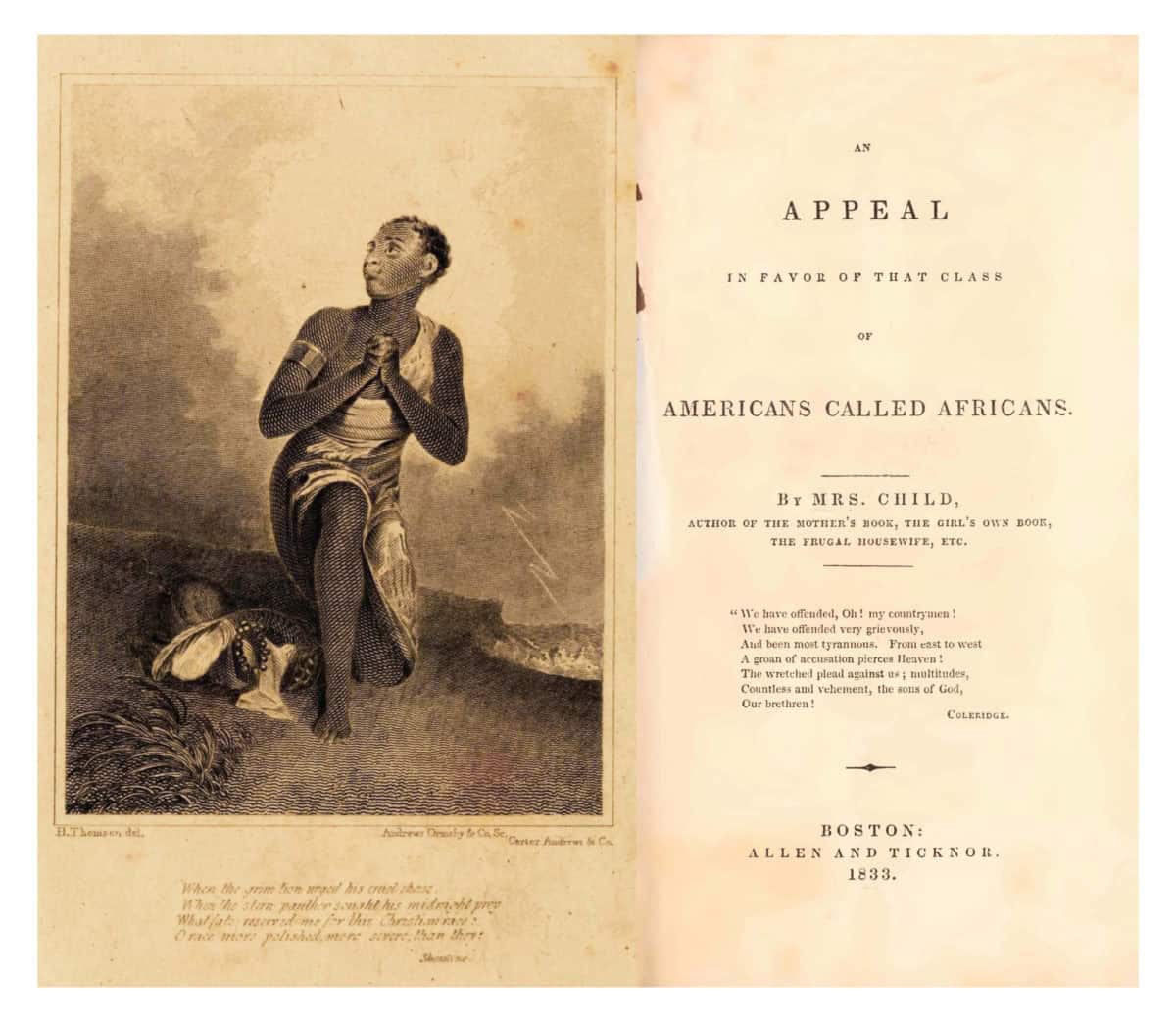 Photograph of the inside of Child's book An Appeal in Favor of that Class of Americans Called Africans. In the book is a drawing of a young Black woman in a white simple dress or slip. She has short hair and is kneeling.