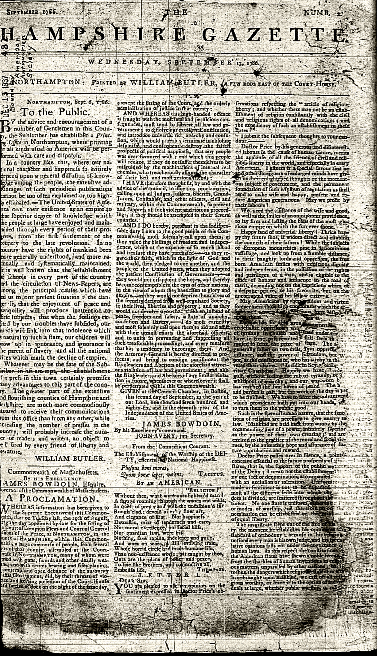 Image of a newspaper page with masthead Hampshire Gazette