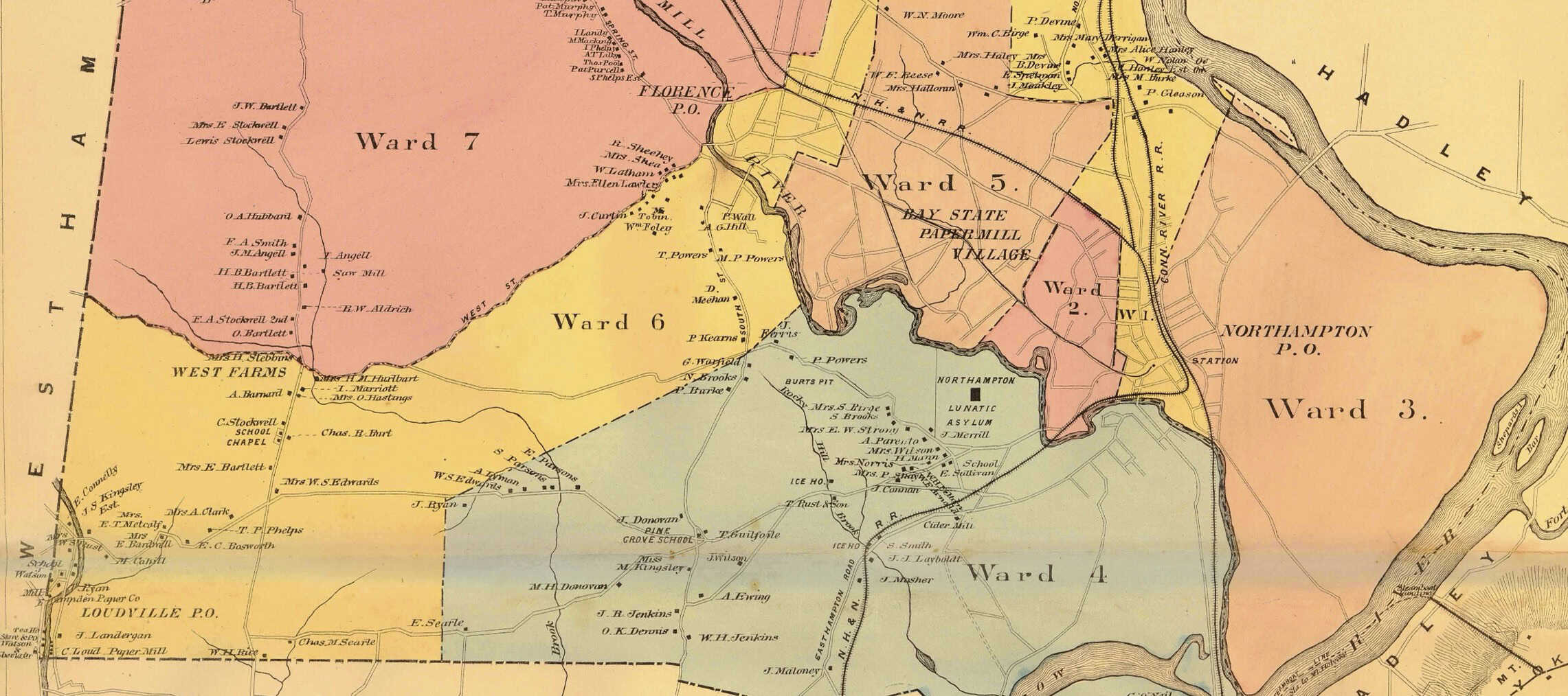 A vintage, multicolored map of Northampton, MA showing wards.