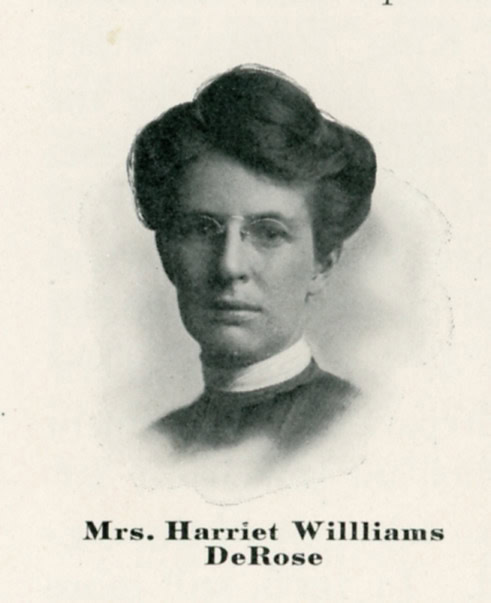 Photographic portrait of Harriet Williams DeRose. Likely from a yearbook while she worked at Northampton Commercial College. Her hair is in an elaborate updo, and she has small round glasses on. Under her portrait reads: "Mrs. Harriet Williams DeRose."