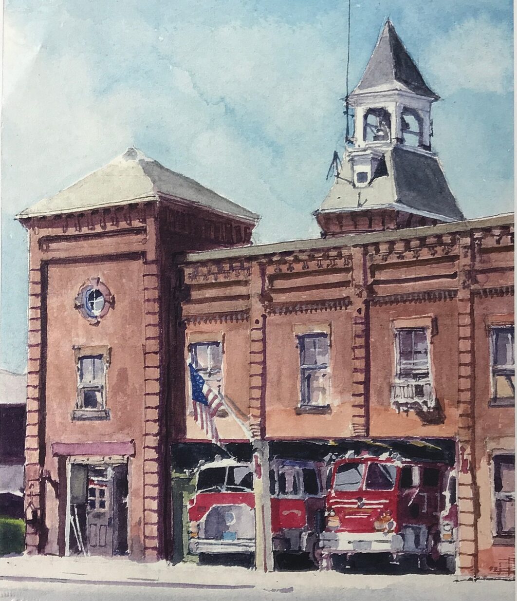 Watercolor painting of a brick fire station with a bell tower. Two red firetrucks are peaking out of the large garage-like firetruck entrance.