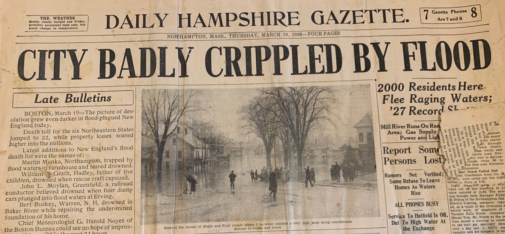 Photograph of the front cover of a Daily Hampshire Gazette newspaper from March 19, 1936. The heading reads in large print: "CITY BADLY CRIPPLED BY FLOOD."