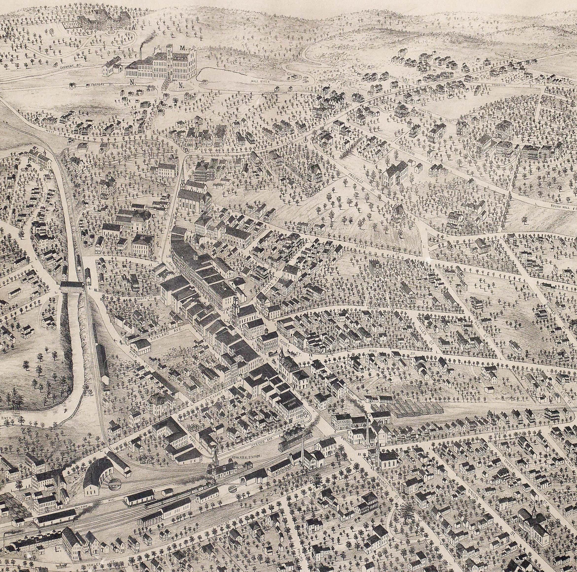 illustrated map of Northampton with three-dimensional images of buildings and terrain