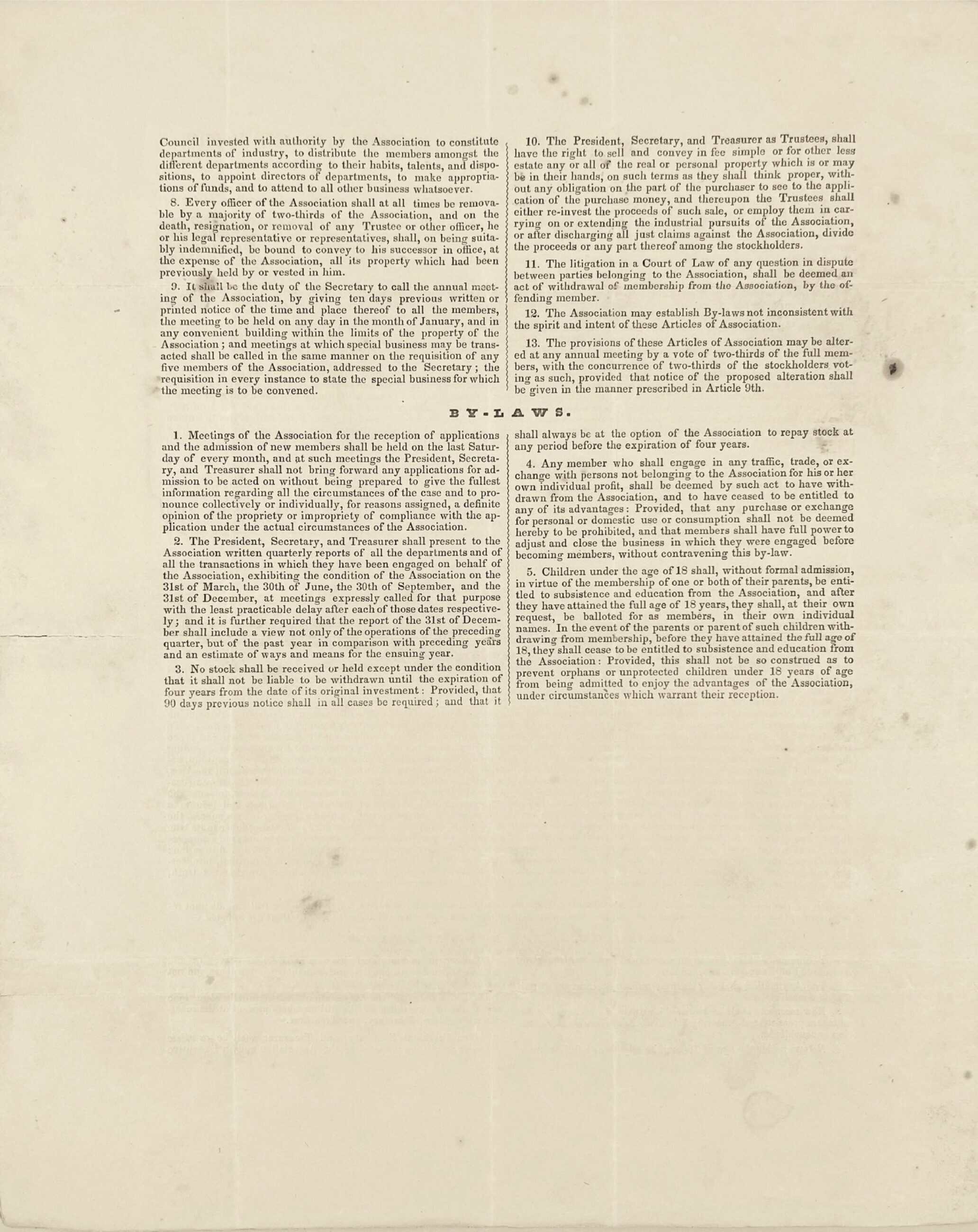 Continuation of NAEI constitution document. The top section contains numbered paragraphs 7 through 13. Below this section, a bold heading centered on the page reads "BY-LAWS." Underneath this heading, the text continues with numbered paragraphs 1 through 5, also organized into two columns. The print appears in a serif font with some slight fading and wear consistent with historical documents. 