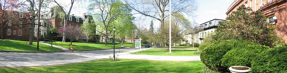 A photograph showing a campus lined with historic brick buildings and lush greenery. On the left, a multi-story red brick building features classic architectural elements, including a Mansard roof with dormer windows, prominent chimneys, and white-trimmed arched entryways. A paved walkway leads up a gentle, grassy slope toward its entrance, flanked by mature deciduous trees and a small pink-blossomed tree near the road.A paved, two-lane street curves through the center of the scene, separated from the campus by a well-manicured green lawn. A black lamppost stands near the road's edge, and a small, white rectangular sign is posted nearby on the grass. In the background, additional vehicles are parked along the street, partially obscured by thin, leafy trees. On the far right, another large red brick structure with prominent window frames dominates the foreground, fronted by dense, rounded green shrubs and a decorative stone planter.