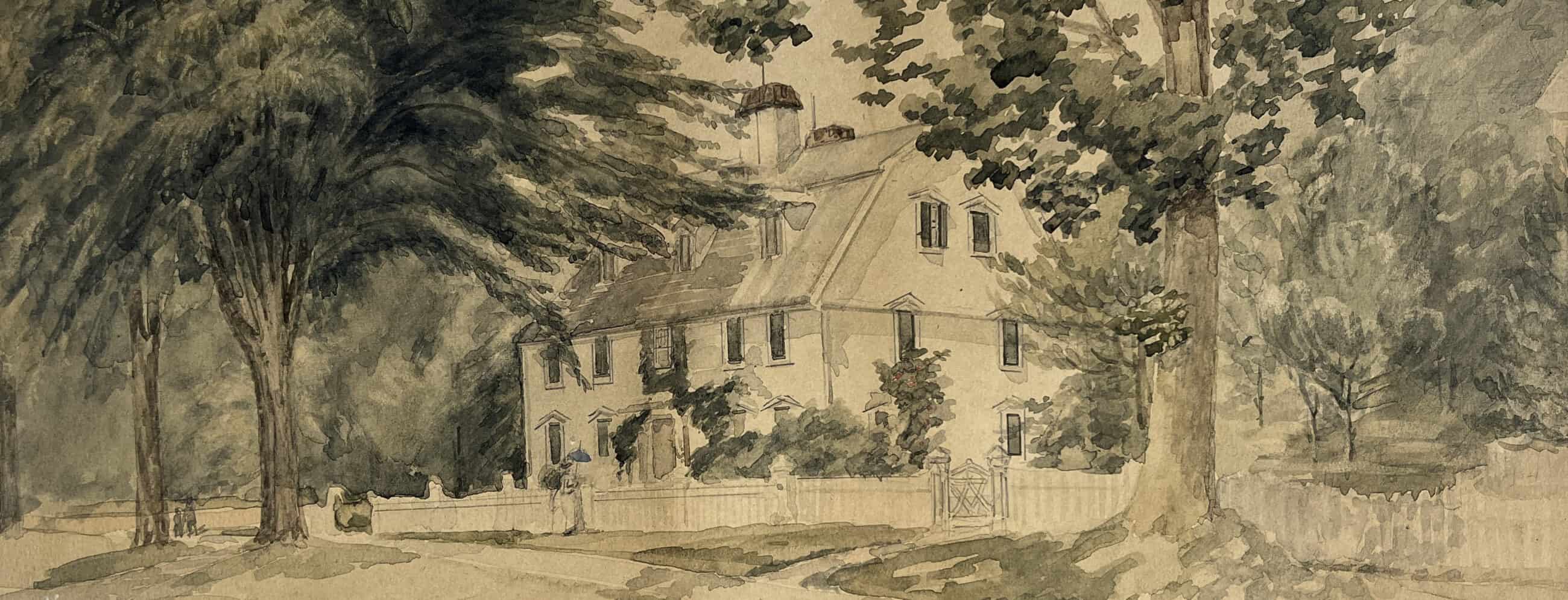 An artistic watercolor painting depicting a large, historic two-story house with a gambrel roof, nestled among mature, leafy trees. A white picket fence runs along the front of the property, separating the lawn from a dirt path or roadway in the foreground. A lone figure carrying a blue umbrella stands near the entrance gate. The style uses muted tones of green, brown, and grey.