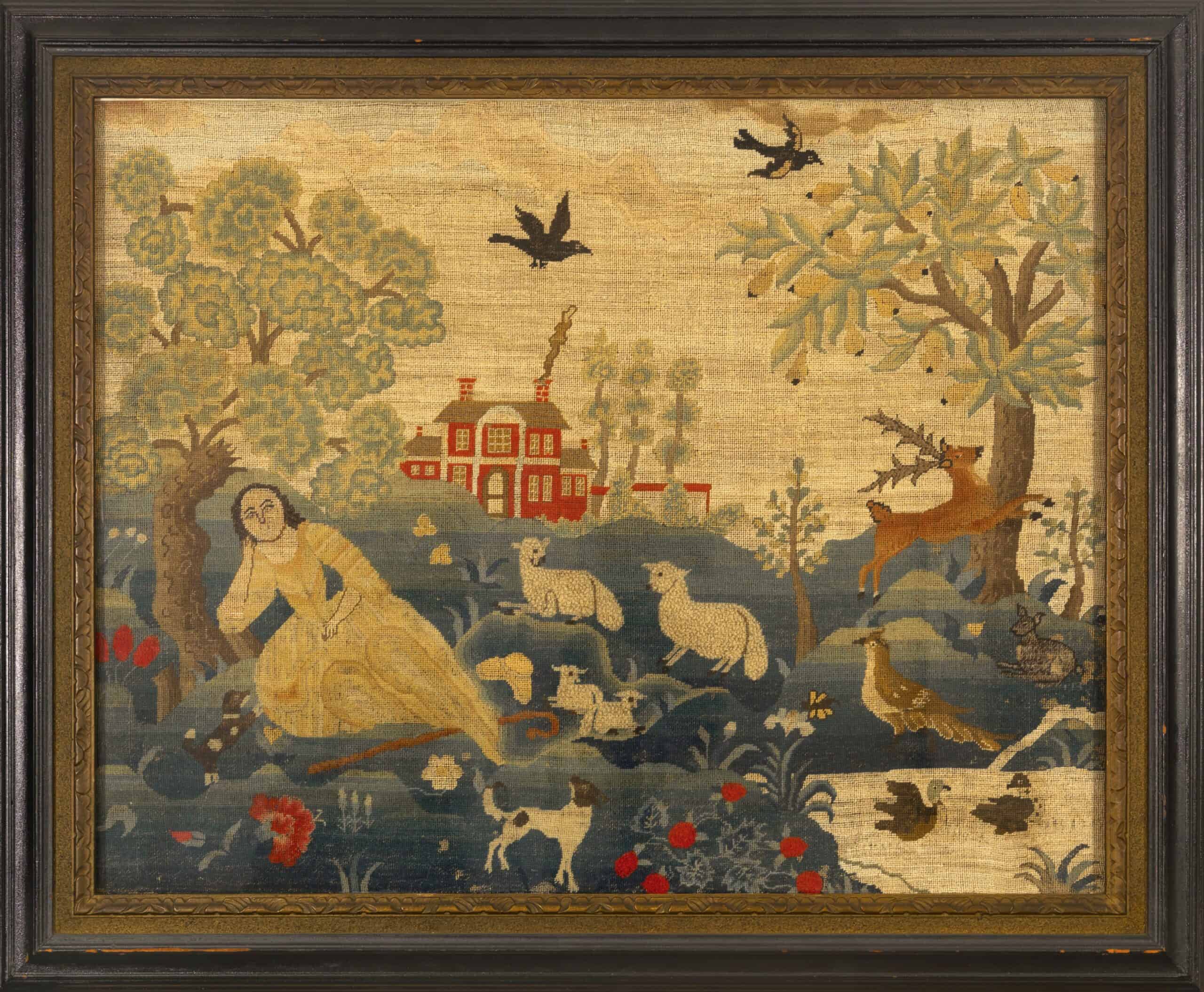 Embroidered panel of a rural scene with a reclining shepherdess, a spotted dog and crook, woolly sheep, nestling lambs, a leaping deer, a small pond with ducks and three varieties of trees. Other small animals include black birds and a pheasant-like animal. Depicted on the horizon is a two-story, two-chimney house with flanking single-story pavilions.