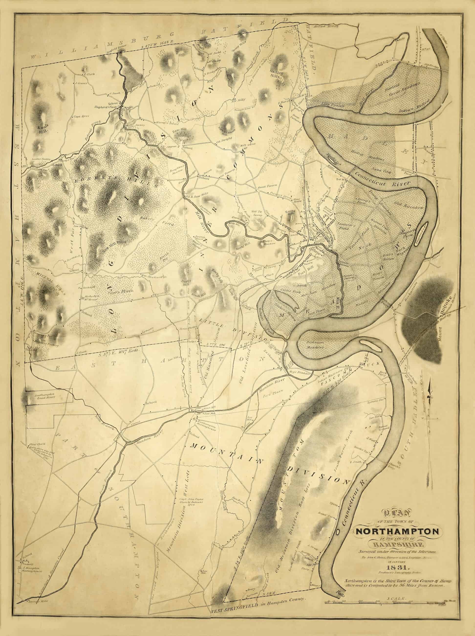 Old map of Northampton area, Connecticut River including illustrations of elevated areas