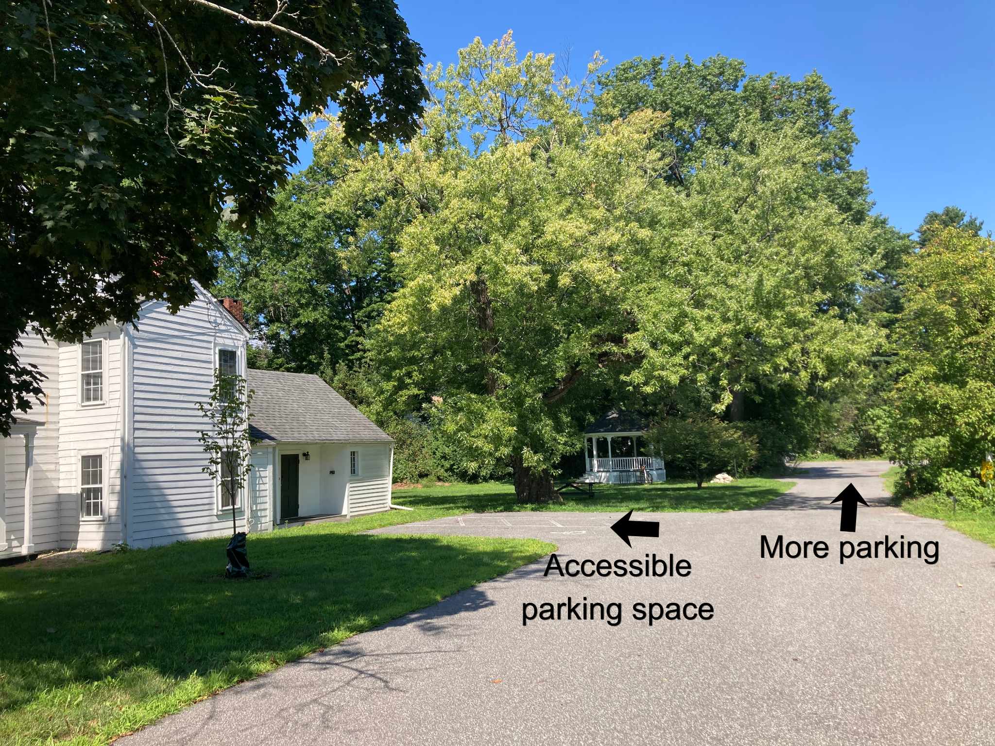 Photograph of a driveway, small parking area, and partial view of Parsons House, a white building. There are large trees and a white gazebo in the background. Text and arrows overlay the photograph reading, "Accessible parking space," and, "More parking."