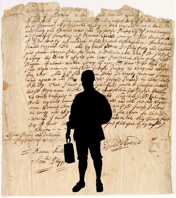 Silhouette of a man holding something placed over a yellowed document handwritten.