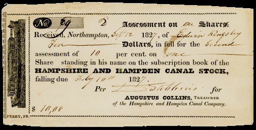 This 1827 historical receipt documents a stock assessment payment for the Hampshire and Hampden Canal Company, issued in Northampton, Massachusetts. It verifies that a shareholder named Edwin Kingsley paid ten dollars to cover a ten percent assessment on one share of company stock. Signed by D. Stebbins on behalf of the company's treasurer, Augustus Collins.