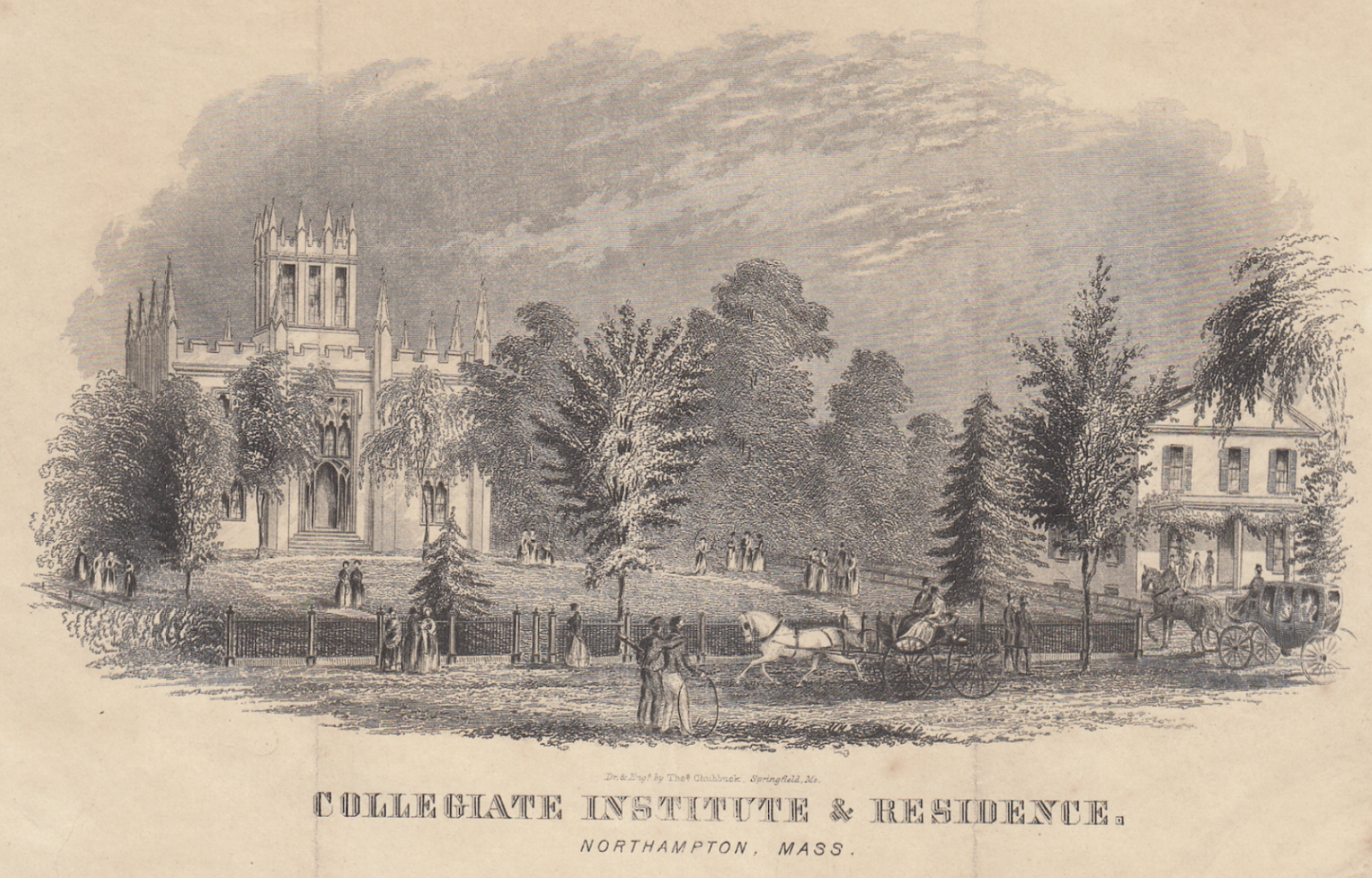 A black-and-white print drawing that shows a grand Gothic Revival building with a square central tower, pointed-arch entryways, and decorative spires along its roofline. Around the building is a spacious, grassy lawn, dotted with leafy trees and clusters of people dressed in historical period attire strolling the grounds. In the right corner of the illustration a two-story residential-style building with a porch is visible through the trees.