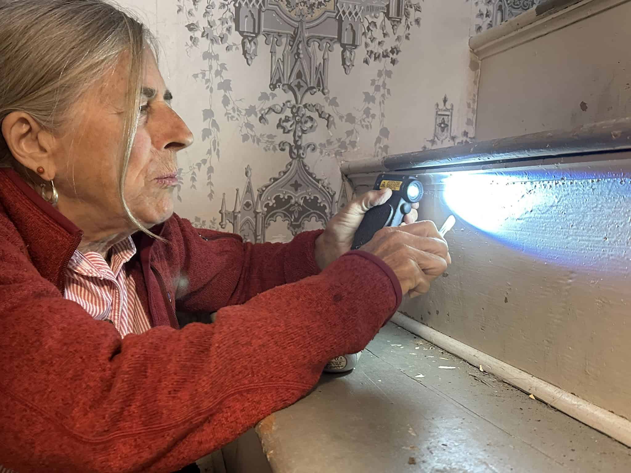 Photograph of the side-profile of a woman with light brown hair, wearing a red fleece jacket and a pink-striped collared shirt, examining a wooden staircase riser indoors. Positioned on the left side of the frame and facing right, she holds a black flashlight in her left hand, directing a bright beam of blue-white light onto the vertical surface of the stair riser. With her right hand, she carefully holds a small, thin white tool or swab against the illuminated wood, collecting a sample. In the background, the wall adjacent to the staircase is covered in a light-colored vintage wallpaper featuring an intricate, symmetrical gray damask or gothic-style architectural pattern.