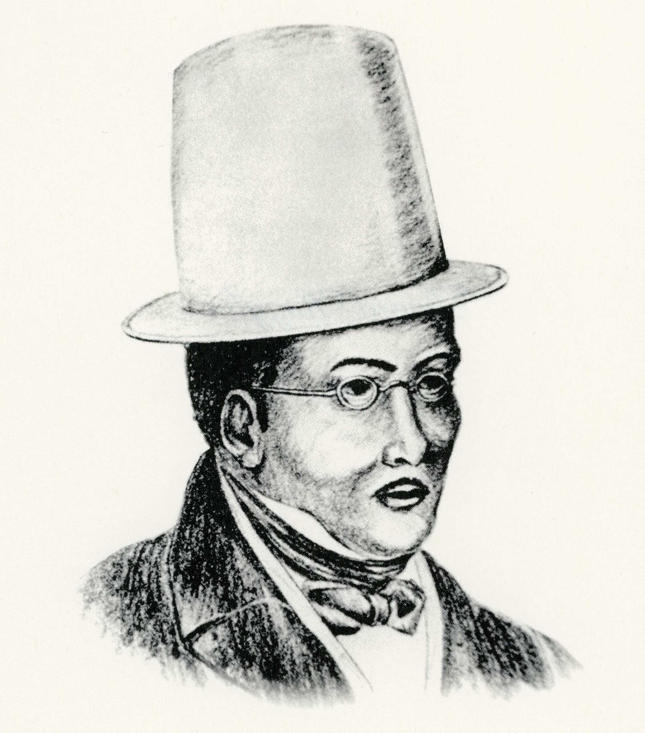 Drawing portrait of David Ruggles with a large top hat, round glasses, and a black-and-white suit and bowtie.