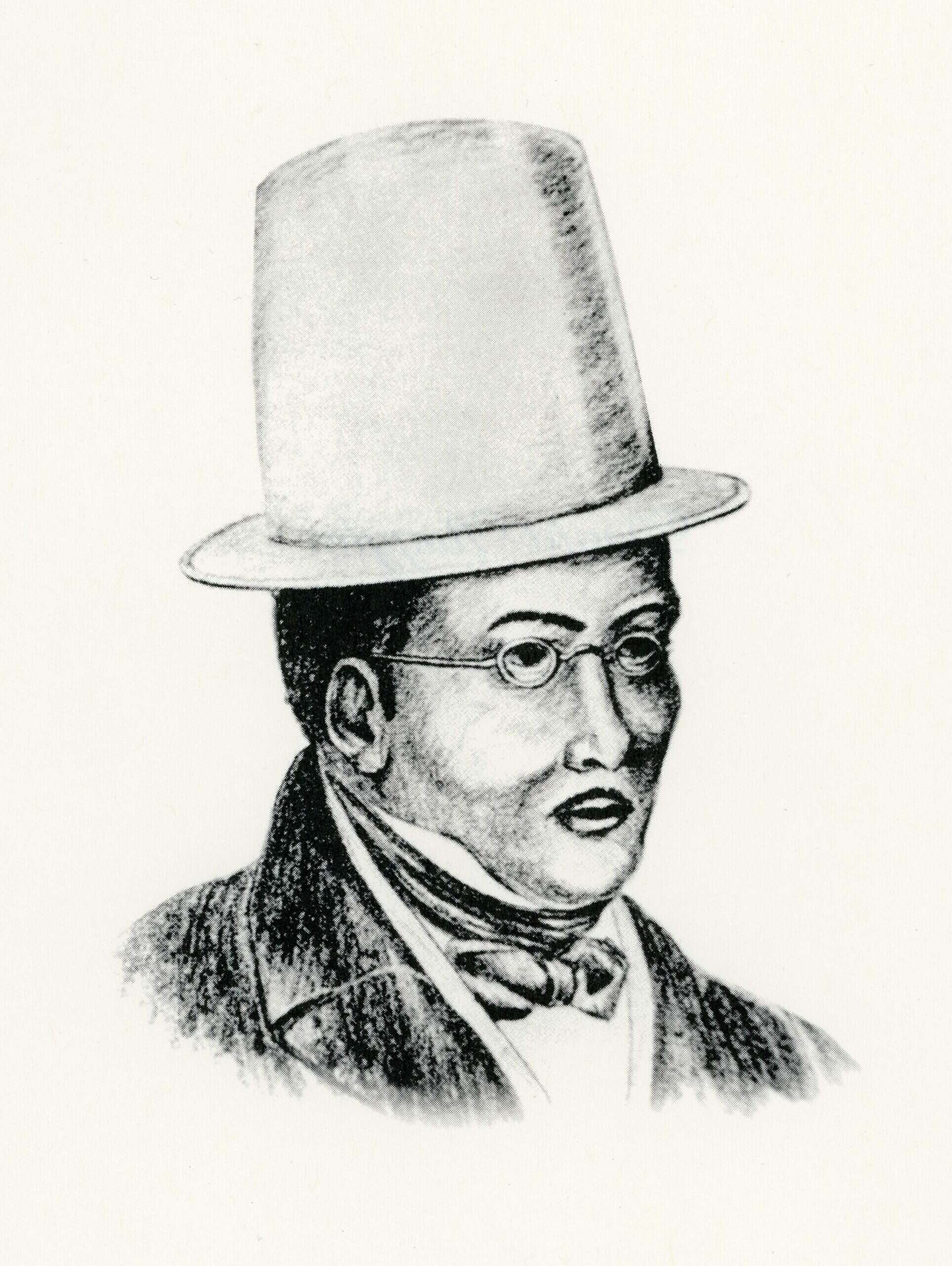 Black and white image of David Ruggles, wearing a hat, spectacles, tie and coat.