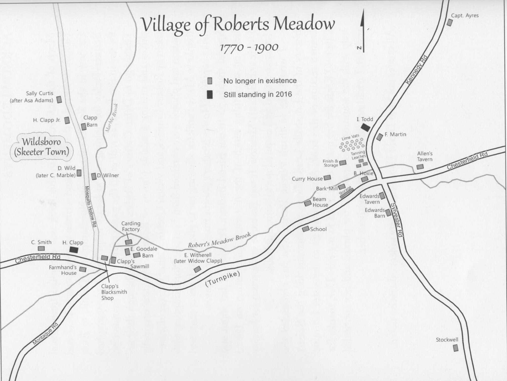 Black-and-white map showing the location of Roberts Meadow. It includes Chesterfield Rd, Montague Rd, Mosquito Hollow Rd, Kennedy Rd, and Chesterfield Rd. The Massachusetts Turnpike cuts vertically through the neighborhood. The map also has an index showing which sites are still standing and which aren't. The only two properties that remain are the H. Clapp property on Chesterfield Rd and the I. Todd property on Kennedy Rd.
