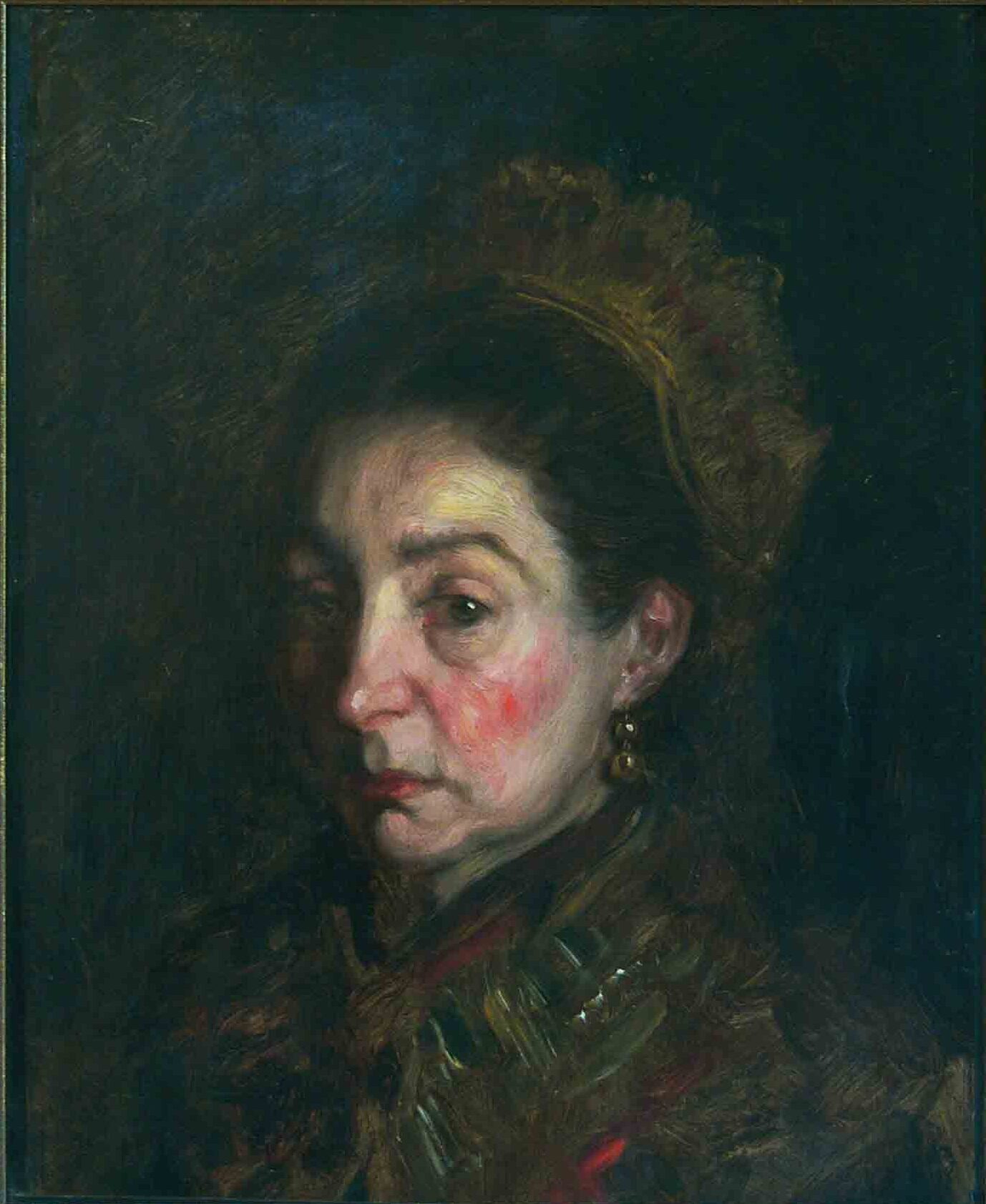 Painted portrait of a middle aged woman with bright rosy cheeks and a light complexion that contrasts with the dark background and her dark green, yellow, and brown outfit. She appears to have a dark yellow crown-like hat on her head. Half of her face is shadowed and she looks at the viewer with a neutral expression.