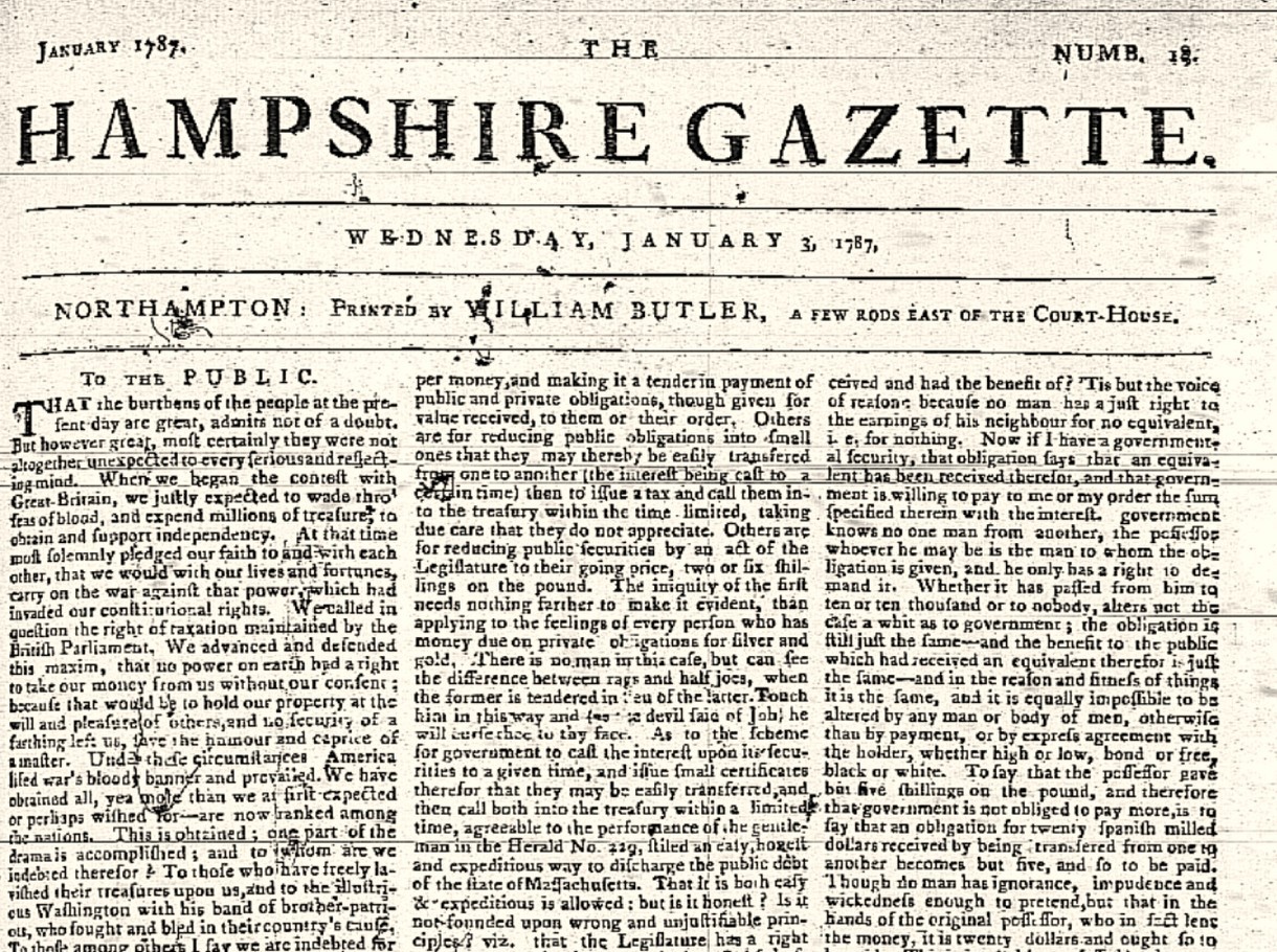 front page of Hampshire gazette dated Jan 3, 1787