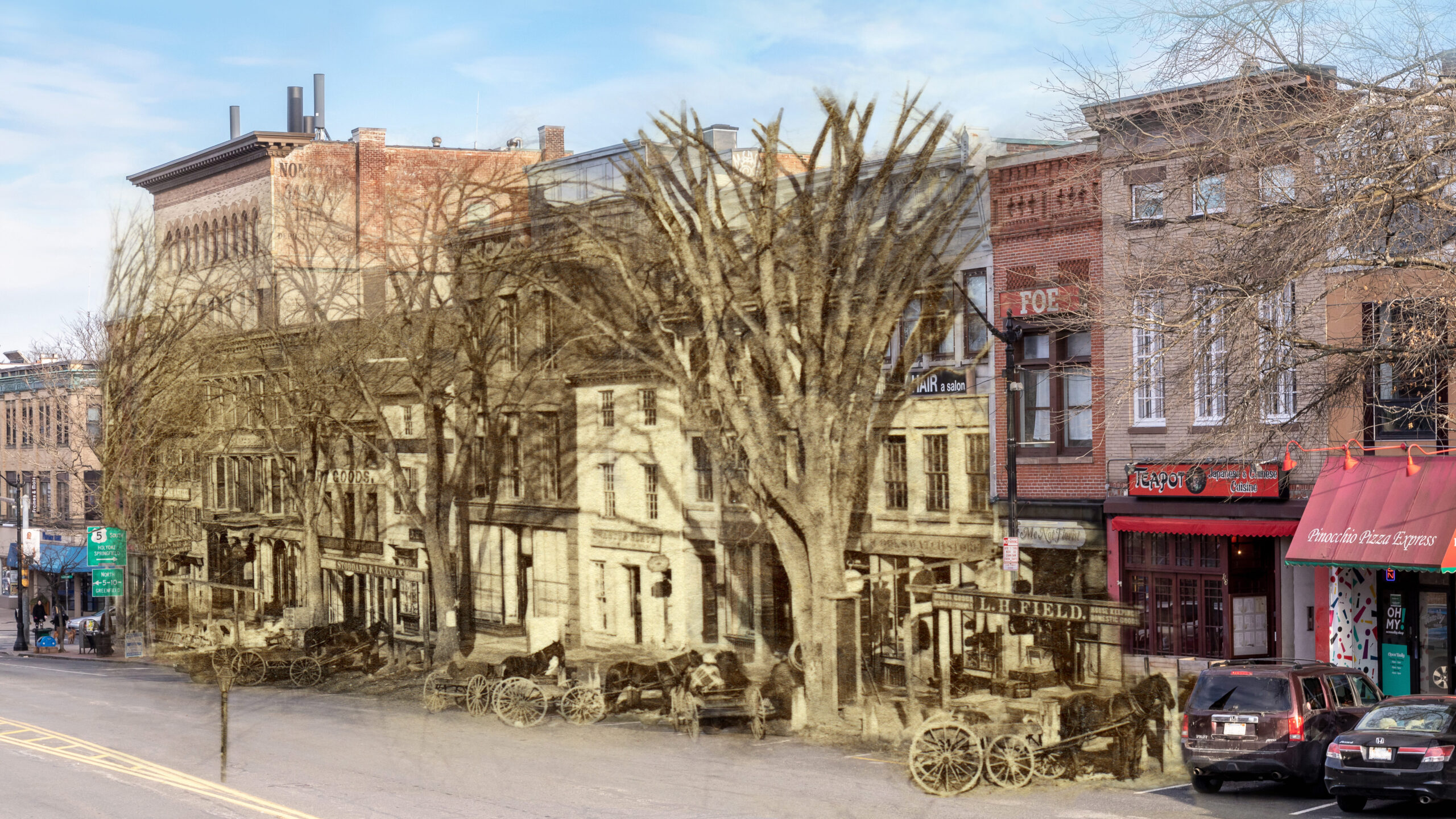 A photograph collage of Northampton's Main Street, from 58
to 122 Main St, featuring parts of a sepia-toned 1870s photo overtop of a photograph from 2018. Horses and buggies line the streets the middle of the images, fading to modern cars on the edges.