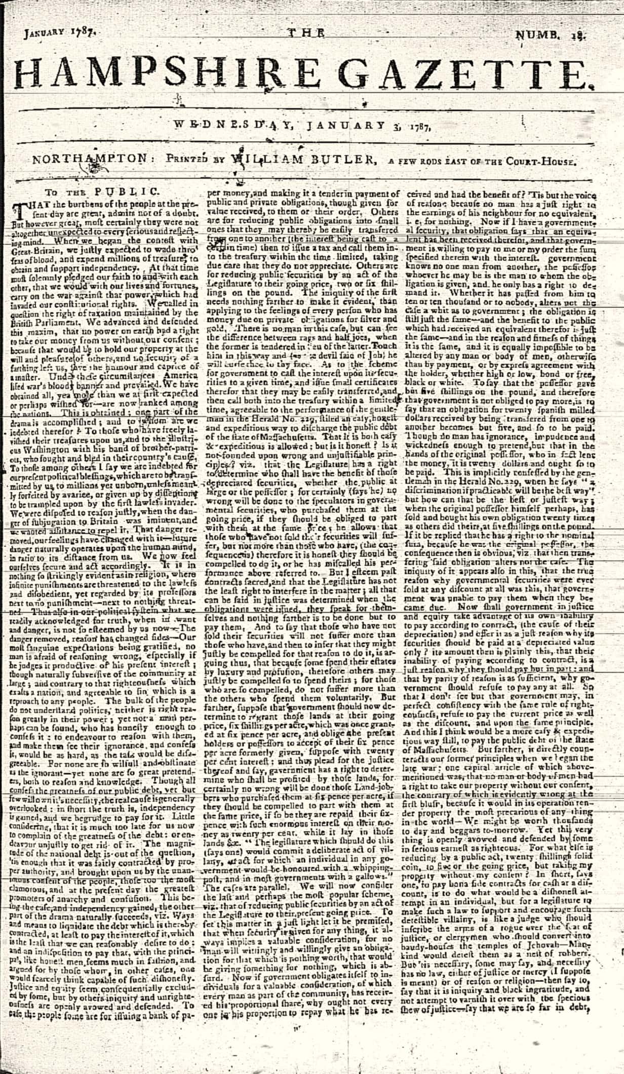 page of the Hampshire Gazette newpaper dated January 3, 1787