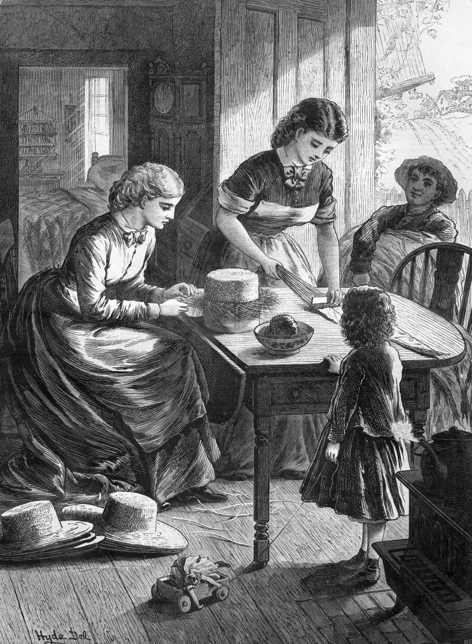 black & white illustration of 3 women making hats