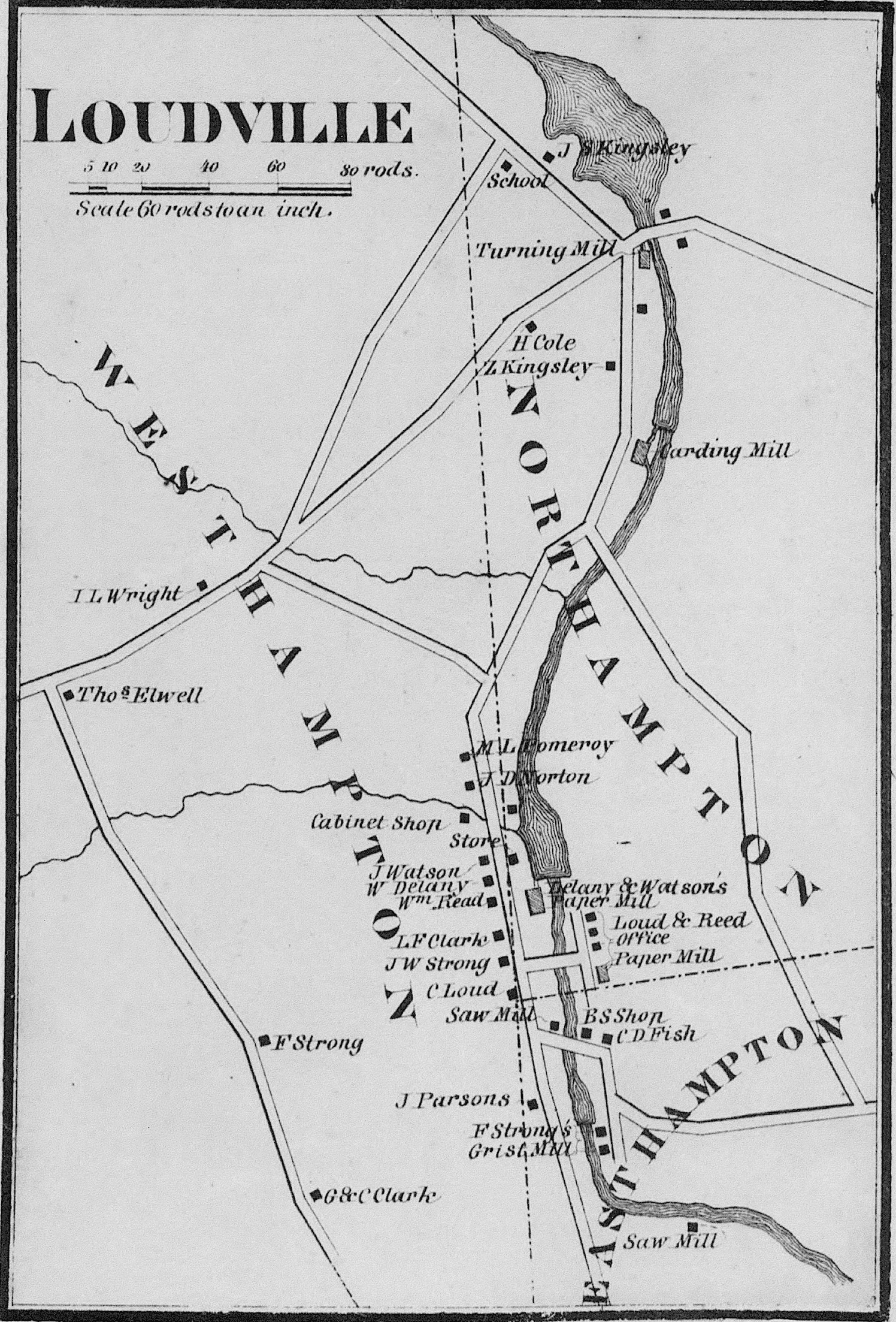 A detailed historical black-and-white map of Loudville, a village intersecting Westhampton, Northampton, and Easthampton. At the top left, the title "LOUDVILLE" is displayed in large, bold, serif capital letters. Below the title, a graphic bar scale indicates distances from 5 to 80 rods, with text reading "Scale 60 rods to an inch." The map features several prominent diagonal borders and roads dividing the different town territories. The main sections are labeled in large, spaced-out, bold uppercase text. "WESTHAMPTON" runs diagonally along the left side, "NORTHAMPTON" runs down the center-right, and "EASTHAMPTON" is written along the bottom right.A narrow river or stream meanders vertically down the right side of the map, widening into small ponds or mill basins at various points. Numerous individual buildings and properties are represented by small, solid black squares. Most of these squares are annotated with names of residents or businesses written in a cursive or italicized script. 