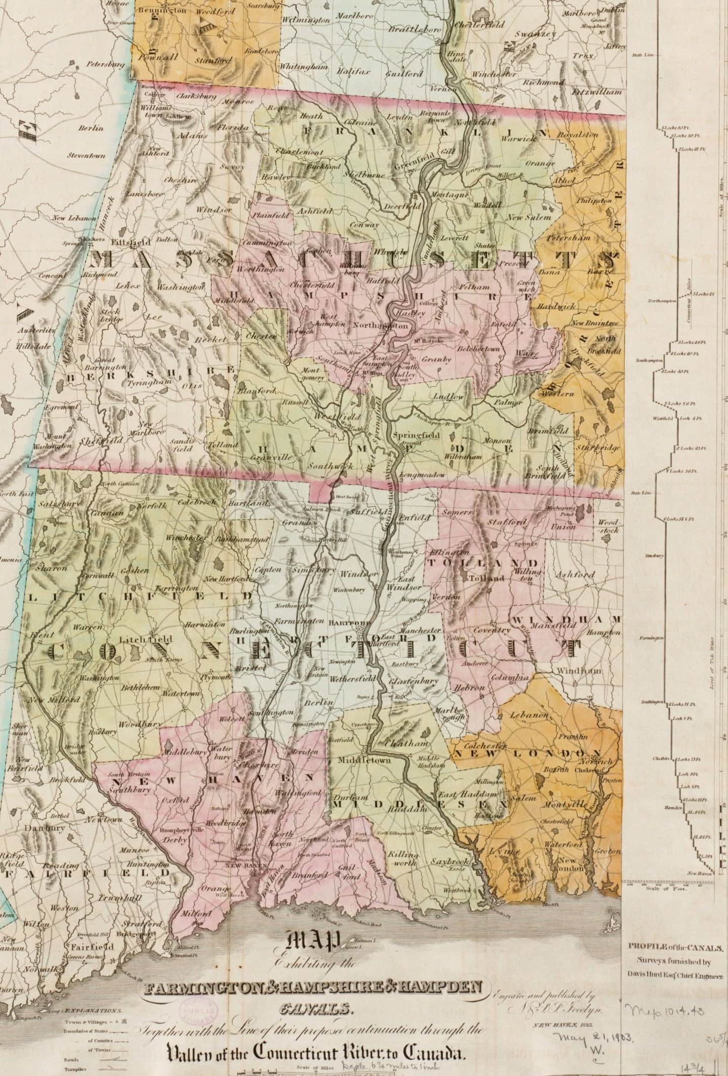 This 1826 historical map illustrates the route of the Farmington Canal and the Hampshire & Hampden Canal through Connecticut and Massachusetts. It highlights the planned inland waterway infrastructure intended to connect New Haven to the Connecticut River valley, eventually aiming toward Canada. The map provides a detailed look at early 19th-century regional transportation planning, town settlements, and geographical boundaries across New England.