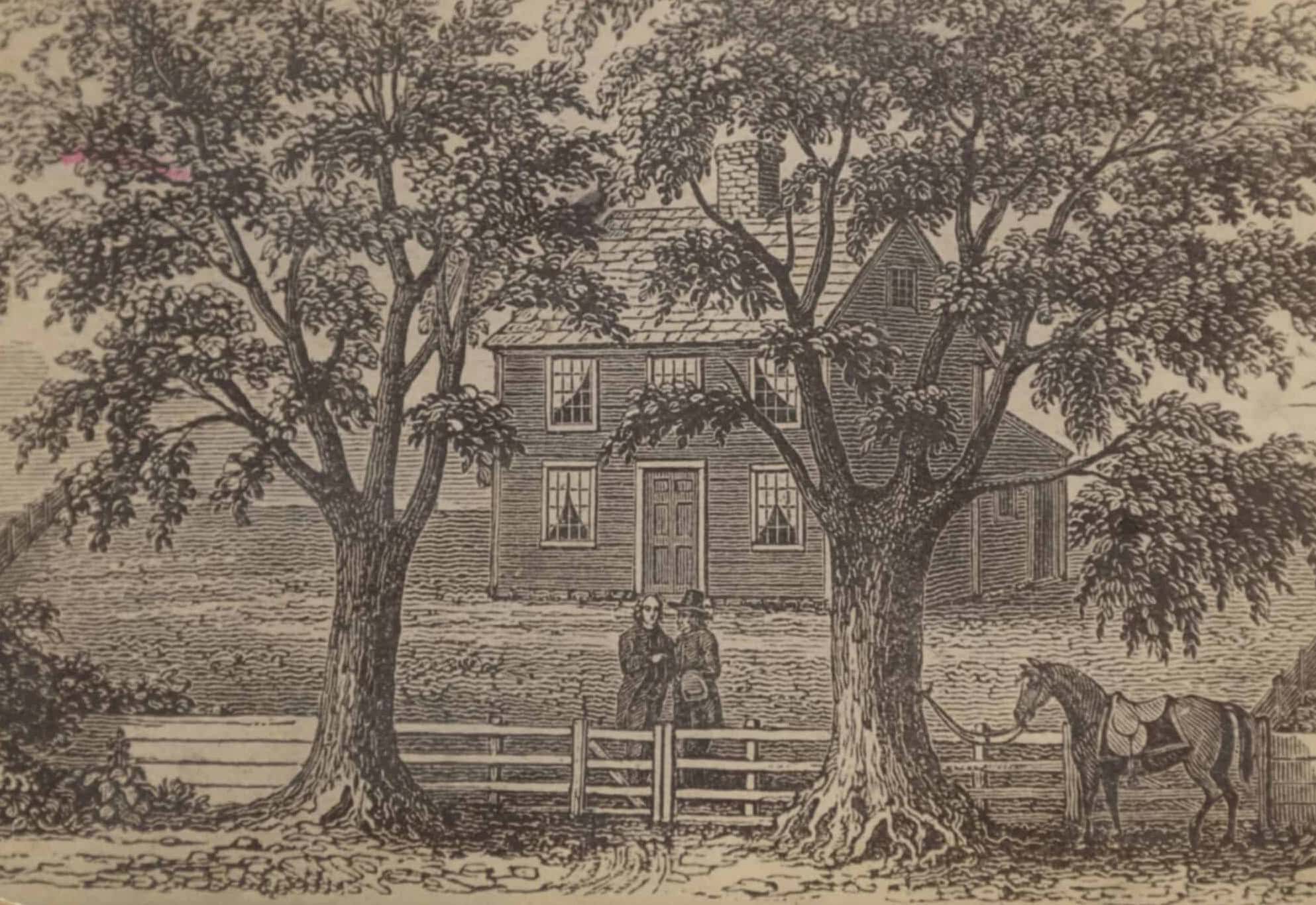 Drawing of Jonathan Edwards' homestead in Northampton. Two figures stand infront of the home, within the fence surrounding it. The home appears to be made out of wood and has a slanted roof. Right outside of the fence is a horse tied to a tree.