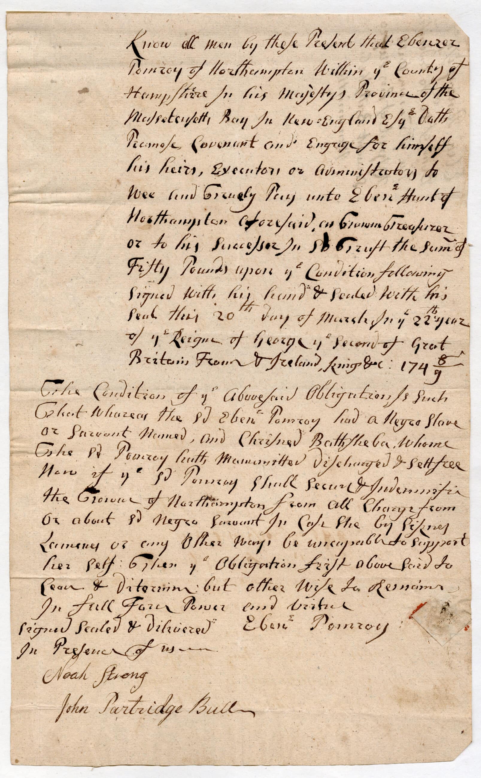 Image of a page from the Northampton Town Papers, detailing the conditions of Bathsheba's emancipation.