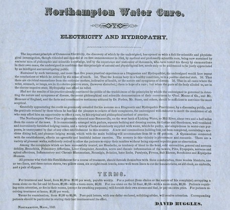 Document advertizing David Ruggles' Water Cure with the title: "Northampton Water Cure. ELECTRICITY AND HYDROPATHY." It is signed in type by David Ruggles.