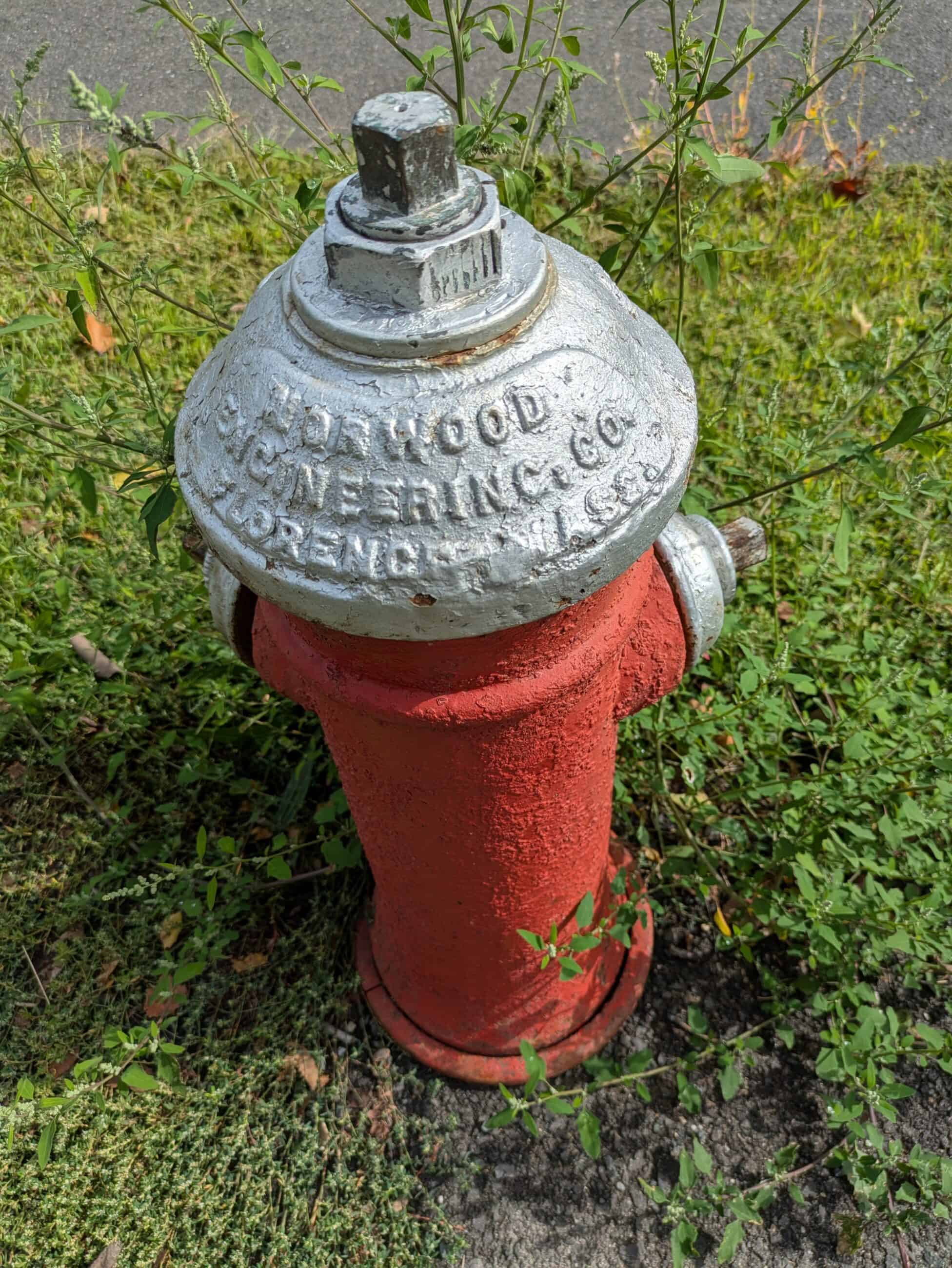 Photograph of a red fire hydrant placed on the grass. The top of the hydrant reads: "NORWOOD ENGINEERING, CO. [not legible]... FLORENCE 1888[?]"