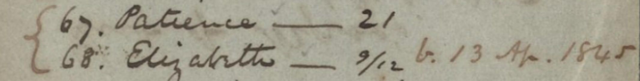 Section of Watson slave ledger document that lists:
67. Patience - 21
68. Elizabeth - 9 1/2 b. 13 Apr. 1845