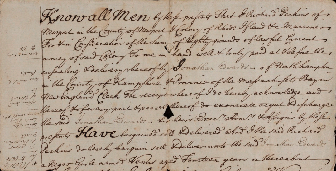 A photograph of the bill of sale for Venus. Purchased by Jonathan Edwards.