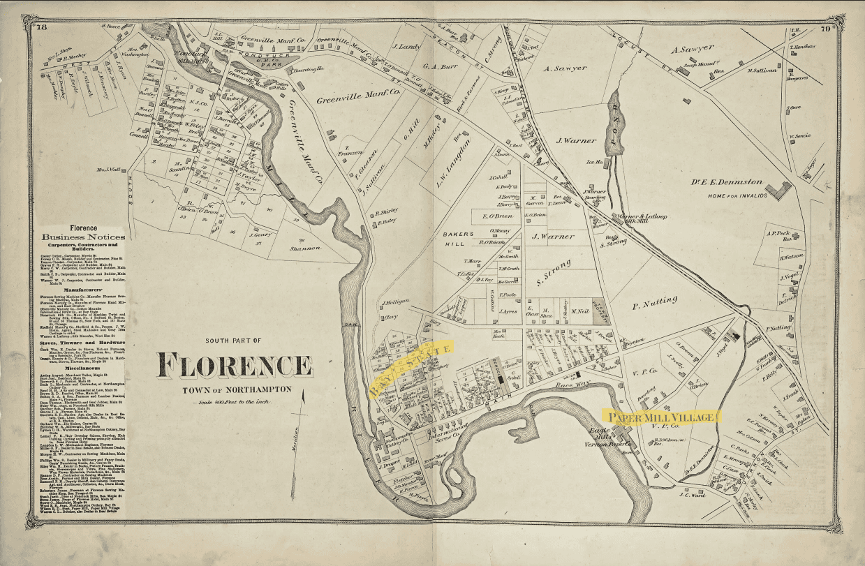 This map displays the "South Part of Florence, Town of Northampton," detailed with property boundaries, land tracts, roads, waterways, and industrial zones. A large winding river flows vertically through the left-center of the map, branching into smaller streams and ponds on the right, which power various mills such as the Eagle & Vernon Paper Mills and the Warner & Lathrop Silk Mill.The landscape is divided into numerous rectangular and irregular plots of land labeled with the names of nineteenth-century residents and prominent local businesses, including S. Strong, P. Nutting, J. Warner, and the Greenville Manufacturing Company. Distinct neighborhoods and industrial clusters are highlighted with light yellow text overlays, reading "BAY STATE," "BAKERS HILL," and "PAPER MILL VILLAGE." Roads cross the terrain in a grid-like and diagonal fashion, labeled with names like Beacon Street, Locust Street, and Main Street. In the bottom-left corner, a large "Florence Business Notices" directory lists local merchants, manufacturers, and tradespeople, categorizing them under headings such as Carpenters, Manufacturers, and Stoves, Tinware, and Hardware.