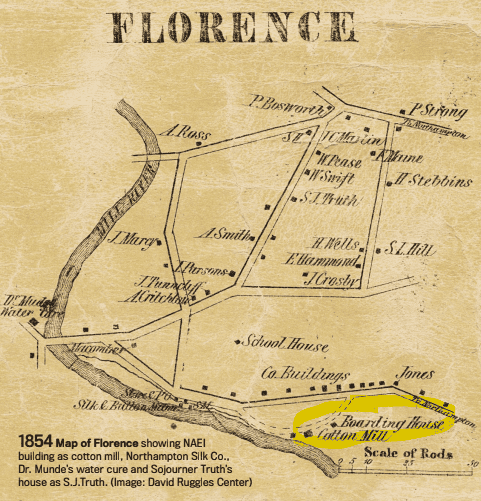 The image features a historical map of Florence from 1854, The word "FLORENCE" is printed in large, black, distressed serif letters centered at the very top. The map outlines several intersecting streets, a river meandering down the left and along the bottom labeled "Mill River", and multiple plots of land marked with black squares indicating buildings alongside the names of residents or structures. Prominent names and locations written in cursive script across the map include A. Ross, P. Bosworth, P. Strong, A. Smith, J. Marcy, J. Parsons, School House, and Co. Buildings. On the bottom right, a specific area is highlighted with a bright translucent yellow marker (added digitally), encircling two black squares labeled "Boarding House" and "Cotton Mill". Below this highlighted section, a "Scale of Rods" is drawn with a measurement line showing marks up to 50.