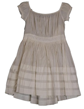 A yellowed white short-sleeved children's dress with a wide scoop neckline and capped sleeves. The dress features a gathered bodice with an embroidered or smocked waistband, flowing into a pleated skirt with white horizontal stripes near the hemline.