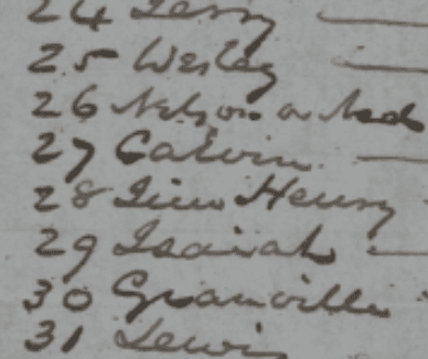 Section of Watson slave ledger document that lists:

24. Jerry
25. Wesley
26. [...] on a bed
27. Calvin
28. [...] Henry
29. Isaiah
30. Granville
31. Lewis