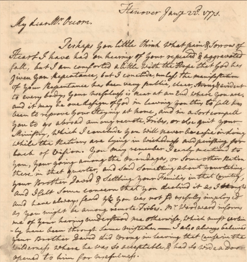 This image shows an 18th-century handwritten letter addressed to Samson Occom. It is dated (and located): Hanover, January 22nd, 1775. 