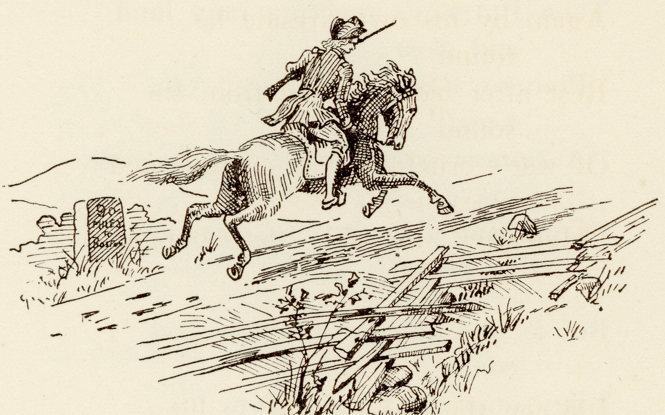 Sketch of a man riding a horse with long gun in hand, at high speed.