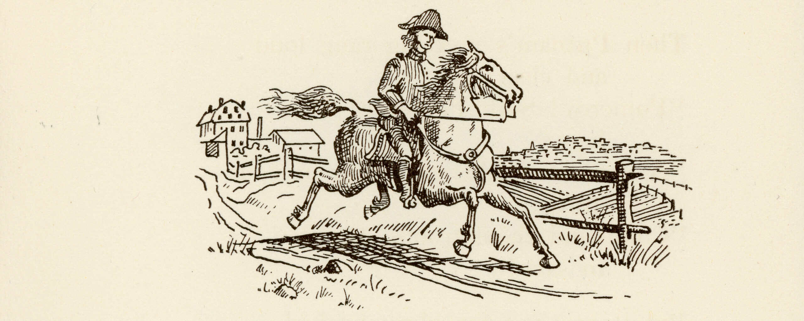 Illustration of Seth Pomeroy riding on a horse with a house in the distance. He appears to be in a soldiers uniform.