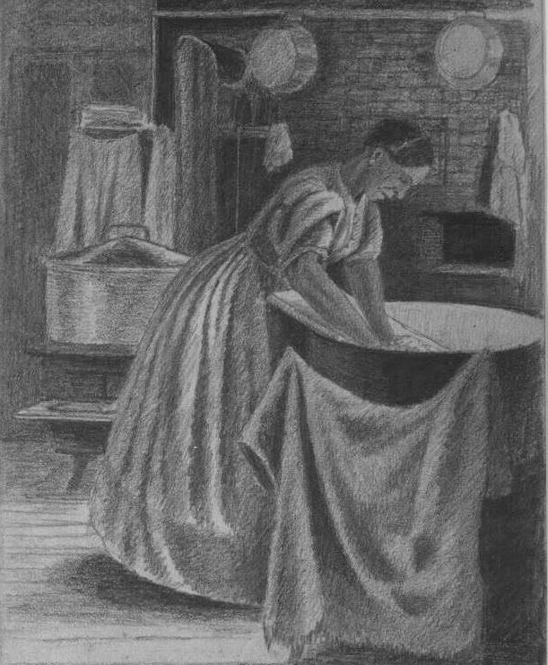 Pencil sketch of a woman washing laundry by hand in a tub. Cloth can be seen hanging from a line infront of her and pots and pans can be seen in the background.