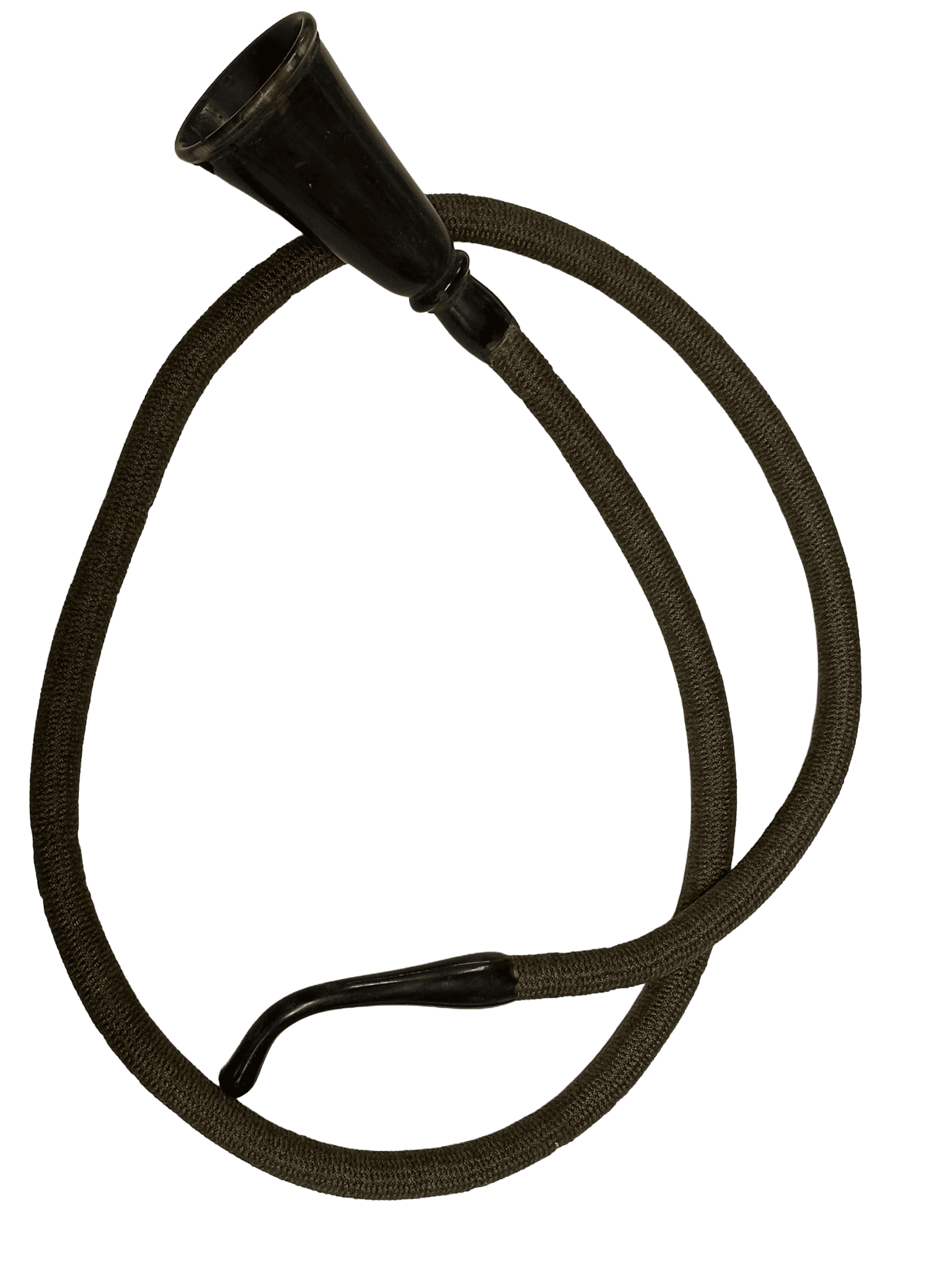 An antique conversation tube, also known as a flexible ear trumpet, made of a long fabric-covered flexible hose with a dark, flared bell-shaped mouthpiece at one end and a curved, dark earpiece at the other end.
