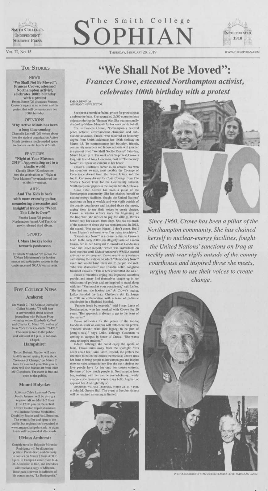Image of page 1 of a student newspaper. THe headline reads 'We Shall Not Be Moved': Frances Crowe, esteemed Northampton activist, celebrates 100th birthday with a protest.