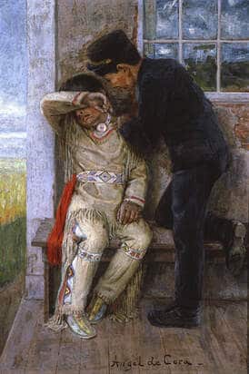 Painting of a young Indigenous boy who is sitting on a bench in an open shed or porch. He appears distressed and covers his face with his arm, so only his nose and mouth are visible. His outfit is traditional, light-colored, and made of buck skin or cloth and is embellished with long fringes. A man in an all black outfit with one of his legs resting on the same bench appears to try to comfort him.