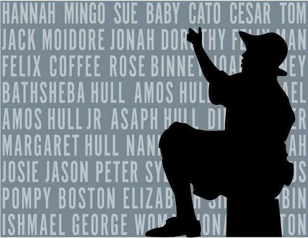 Title Wall with the names of 44 people enslaved in Northampton, MA with a graphic silhouette of Amos Hull Sr. by Design Division 2025.