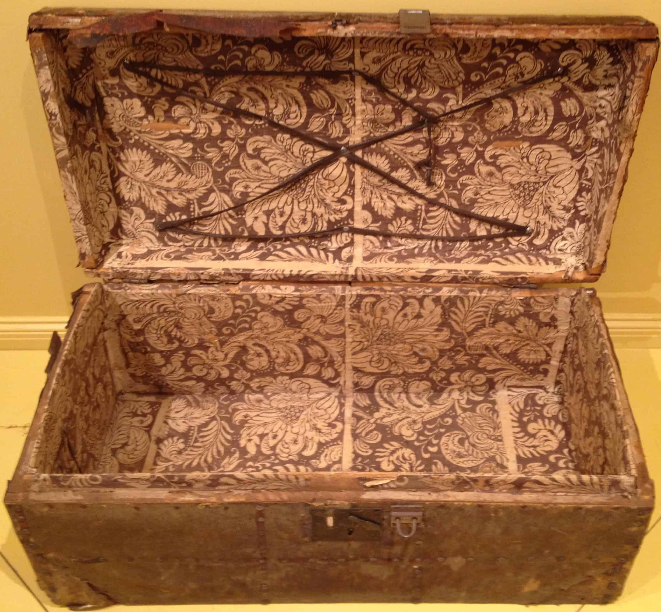 Hide-covered trunk lined with worn orangish-brown floral print wallpaper. Straps can be seen on the inside, likely to tie items down.