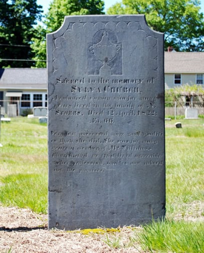 Gravestone of Sylva Church (died April 12, 1822 at age 66) in the Bridge Street Cemetery, Northampton, Mass. Sacred to the memory of Sylva Church, A coloured woman who for many years lived in the family of N. Storrs, Died 12 April, 1822: AE 66. Very few possessed more good qualities than she did, She was for many years a member of Mr. Williams,s Church, and we trust lived agreeable to her profession, and is now inheriting the promises.