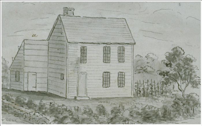 A pencil-and-ink sketch depicting the Samson Occom House. The image shows a classic two-story wood-plank colonial home with a gabled roof and a central brick chimney protruding from the top peak. The front facade features an off-center entrance door on the ground level alongside two multi-pane sash windows, with three matching windows aligned on the upper floor. Attached to the left side of the main structure is a single-story, lean-to extension or shed labeled with a small script letter "a" over its sloped roof line. The house sits on a grassy hill surrounded by low foliage, a small fenced garden patch to the right, and a solitary deciduous tree standing in the foreground background.